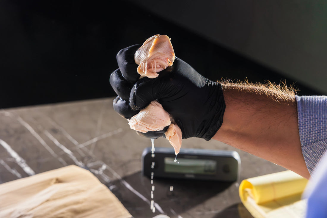 A chef squeezing a perfectly cooked, juicy chicken breast to demonstrate the ideal chicken breast temperature.
